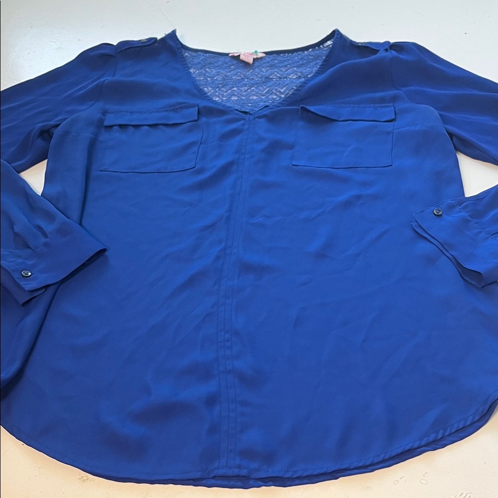 Candies XL Royal Blue Long Sleeve V Neck Structured Blouse